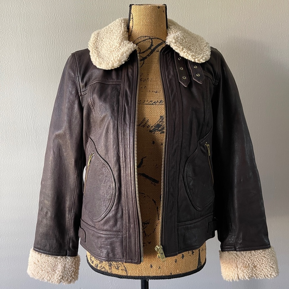 French Connection Brown Leather and Sherpa Bomber Jacket
Size small